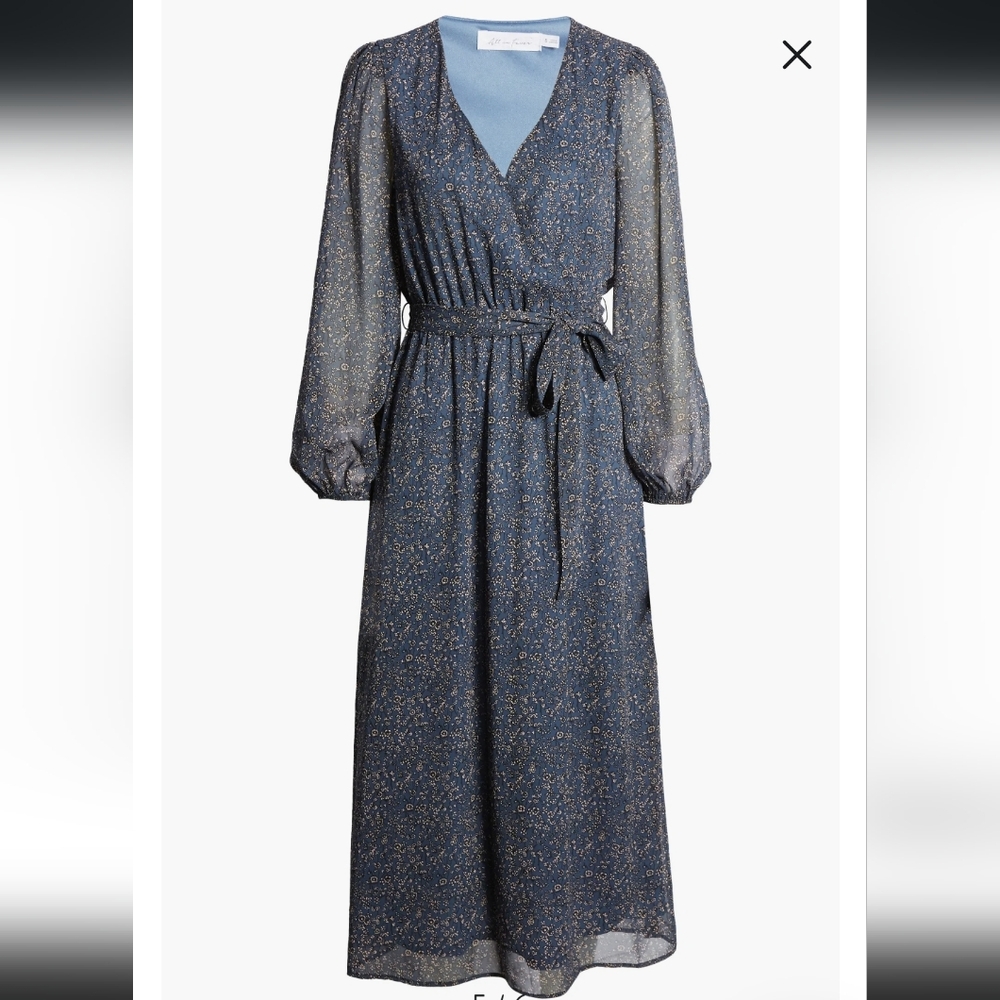 All In Favor Floral Wrap Front Long sleeve Midi Dress, Large